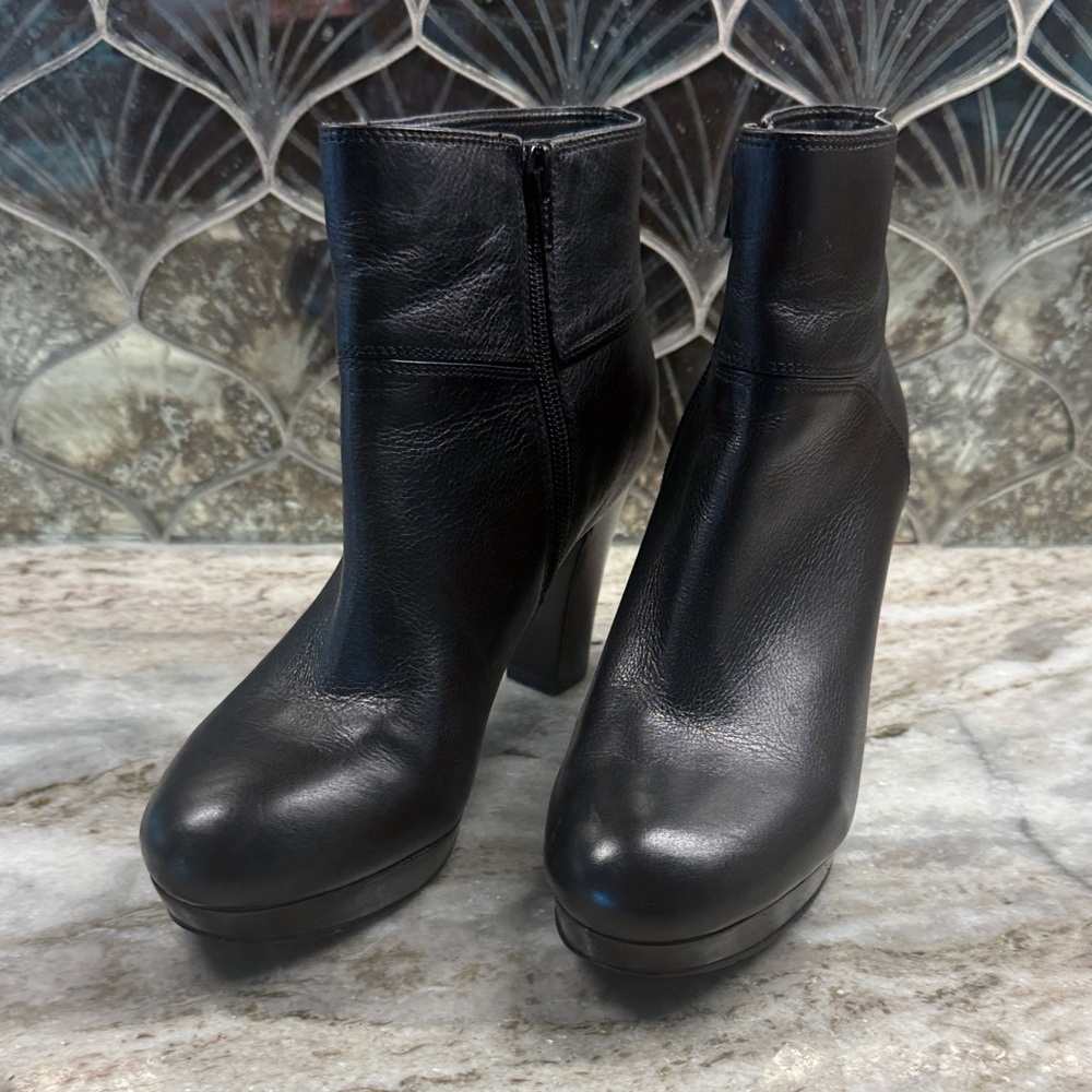 Nine West Black Leather Block Heel Moto Ankle Boots Zip Up Boho Western Festival
